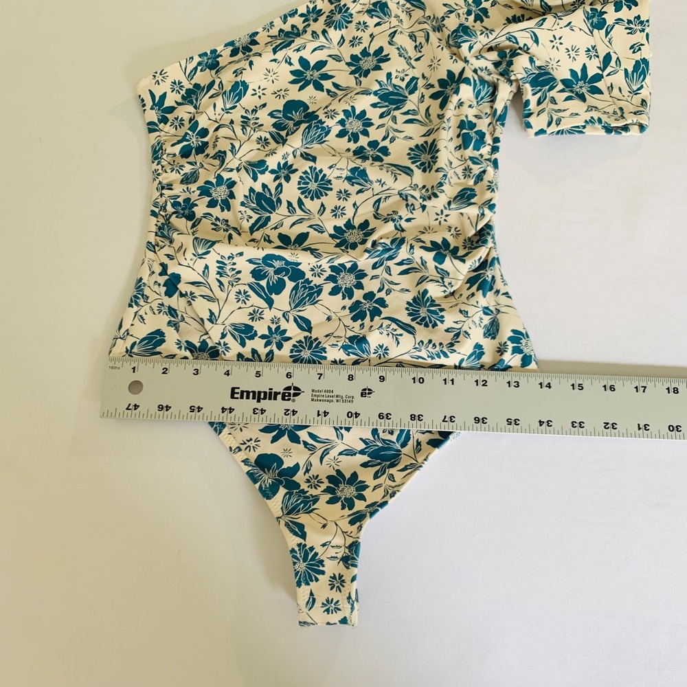 Free People Bodysuit Women S Cream Blue Floral One Shoulder Puff‎ Sleeve Boho - Picture 11 of 12